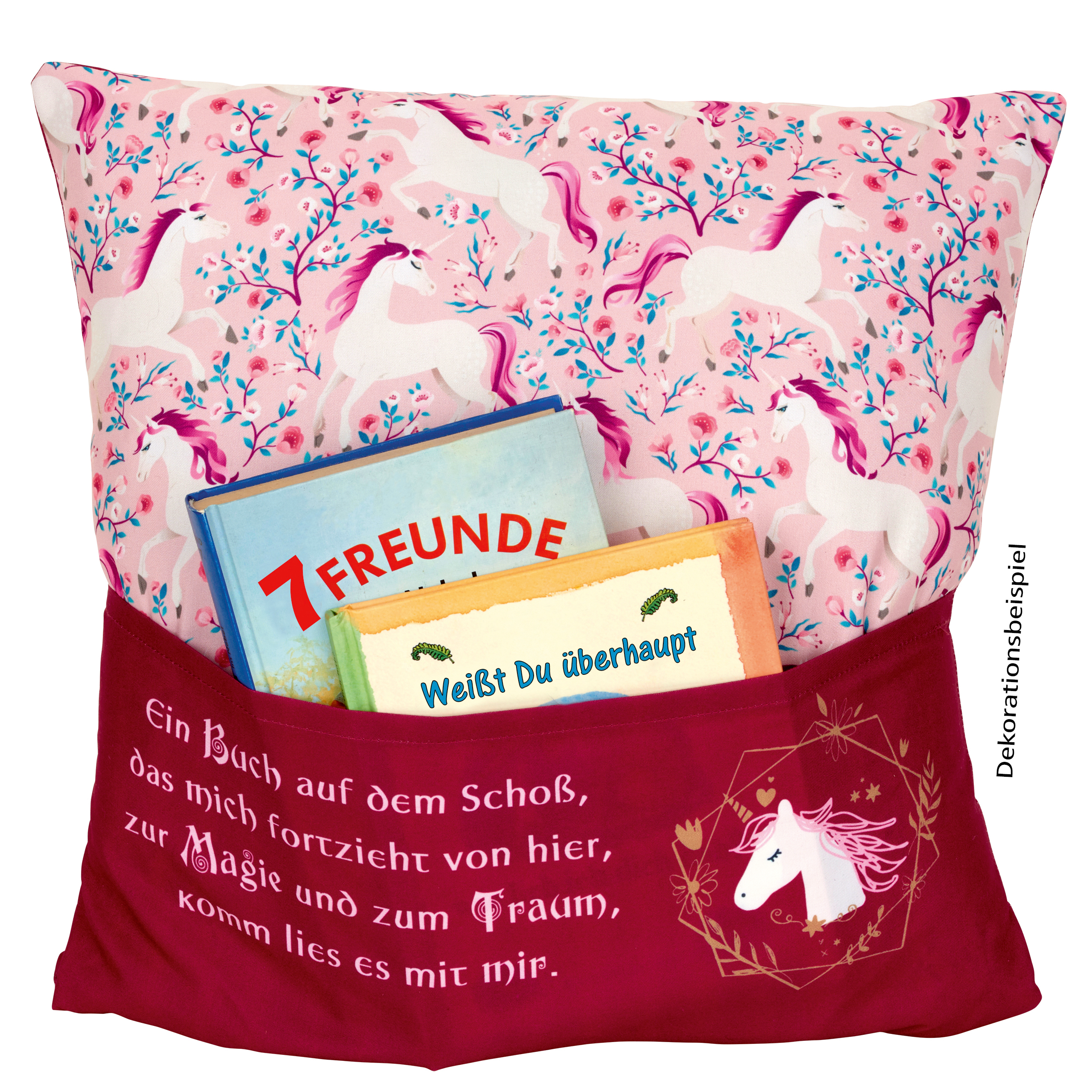 Sofahelden Lesekissen Kids Einhorn mit Taschen und Deko