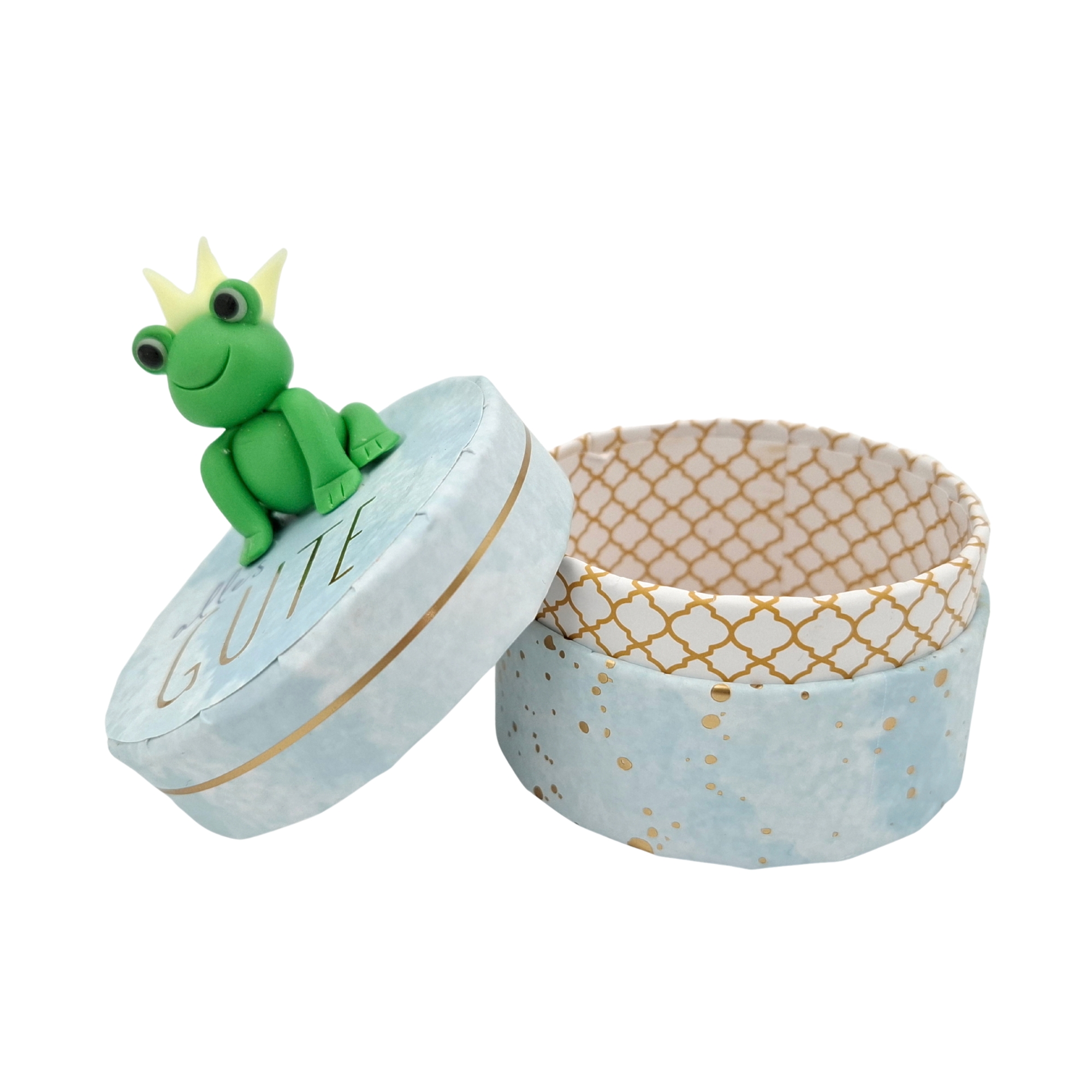 Geschenkschachtel (rund). mit Glücksbringer. pastell. "alles Gute"
